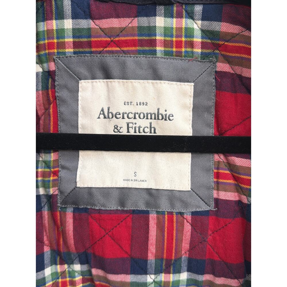 ABERCROMBIE & FITCH Women’s Navy Blue Bomber Jacket Red Plaid Lining Small Y2K - Picture 7 of 11